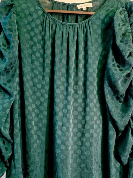 Max Studio Tops - Max Studio Women’s Emerald Green Polka Dot Blouse Ruched Puff Sleeves